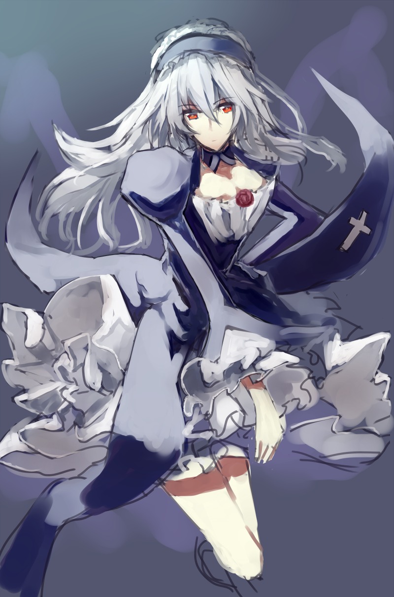 1girl choker dress expressionless flower frills hairband image lolita_hairband long_hair long_sleeves red_eyes rose silver_hair solo suigintou