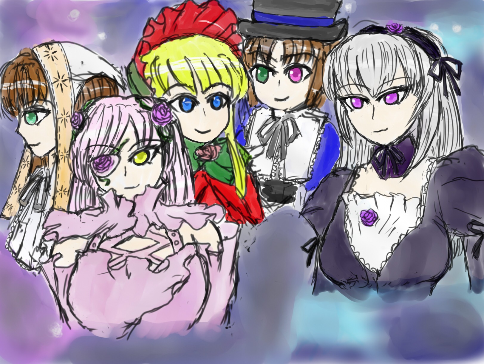 blonde_hair blue_eyes bonnet brown_hair dress flower green_eyes green_neckwear hairband hat hina_ichigo image kanaria long_hair long_sleeves looking_at_viewer multiple multiple_girls pink_bow purple_eyes rose shinku short_hair silver_hair sisters smile souseiseki suigintou suiseiseki tagme