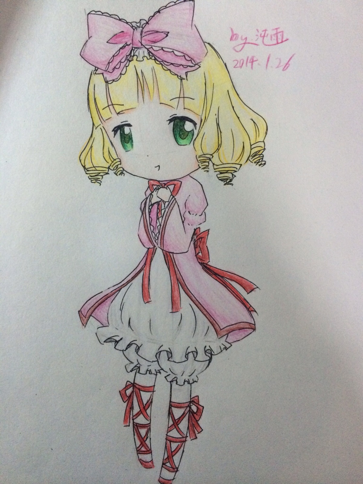 1girl blonde_hair bloomers blunt_bangs bow chibi dress full_body green_eyes hair_bow hina_ichigo hinaichigo image long_sleeves looking_at_viewer pink_bow pink_dress puffy_sleeves ribbon short_hair smile solo standing traditional_media underwear