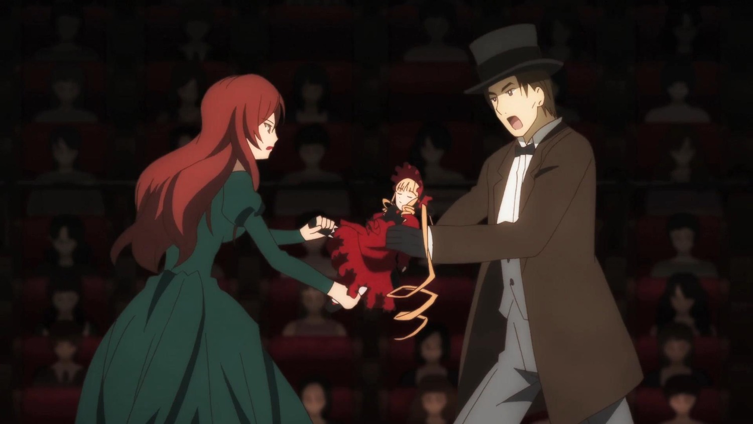 1girl 2boys black_hair blonde_hair brown_hair closed_eyes dress formal hat image long_hair multiple_boys shinku short_hair solo suit top_hat