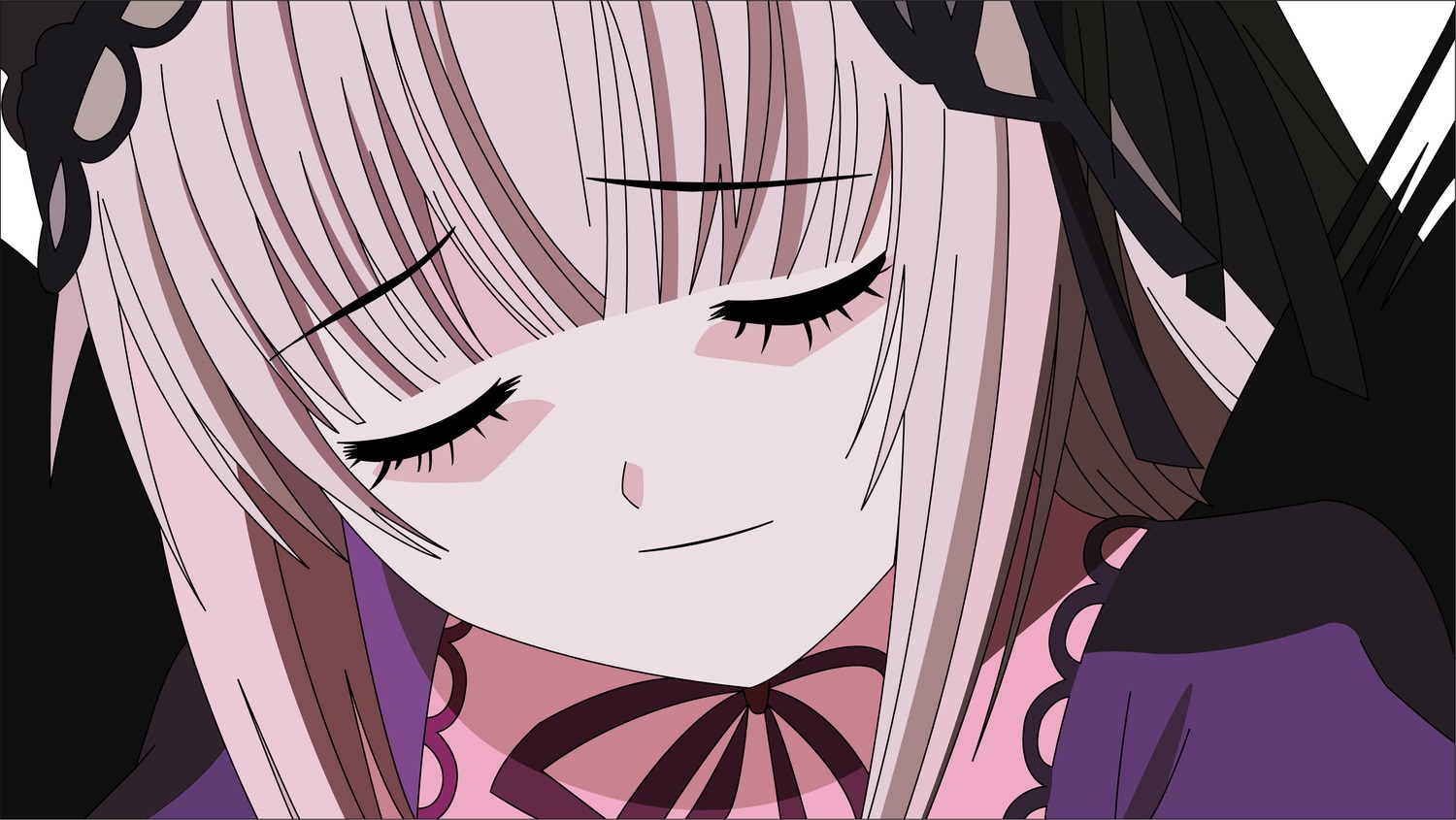1girl bangs black_ribbon choker close-up closed_eyes closed_mouth dress eyebrows_visible_through_hair facing_viewer image long_hair nursery_rhyme_(fate/extra) ribbon simple_background smile solo suigintou