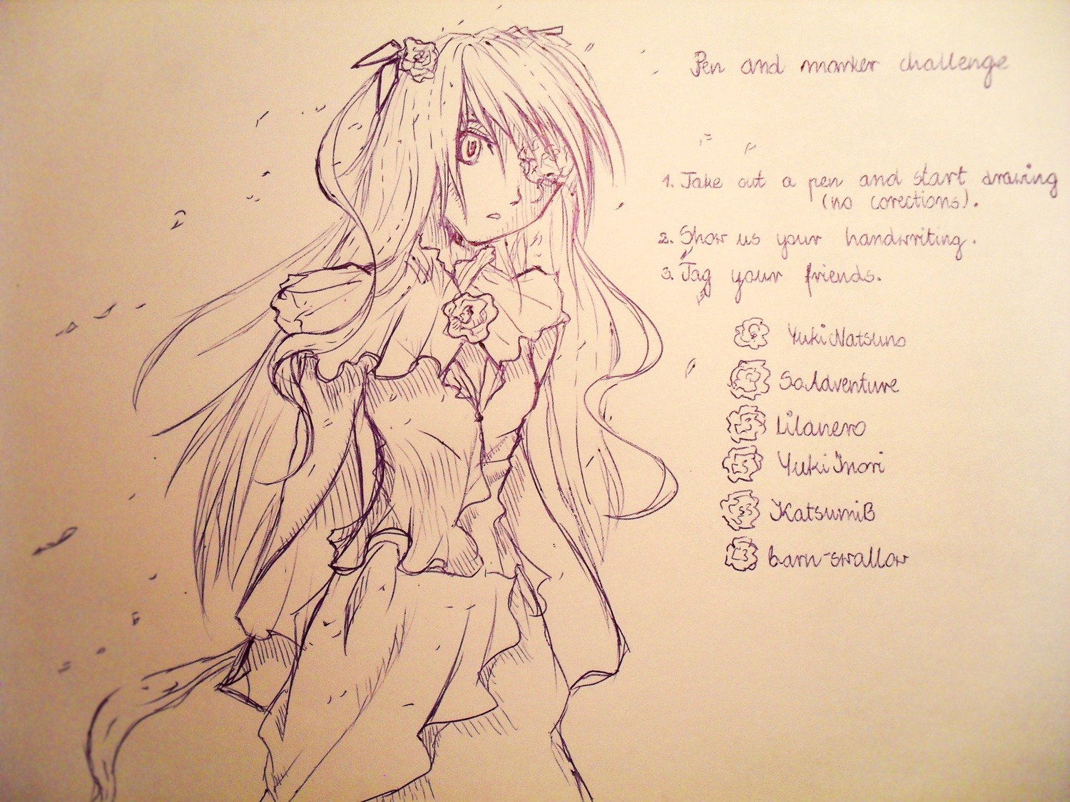 1girl barasuishou dress english_text engrish_text flower hata_no_kokoro image long_hair looking_at_viewer monochrome ranguage solo text_focus