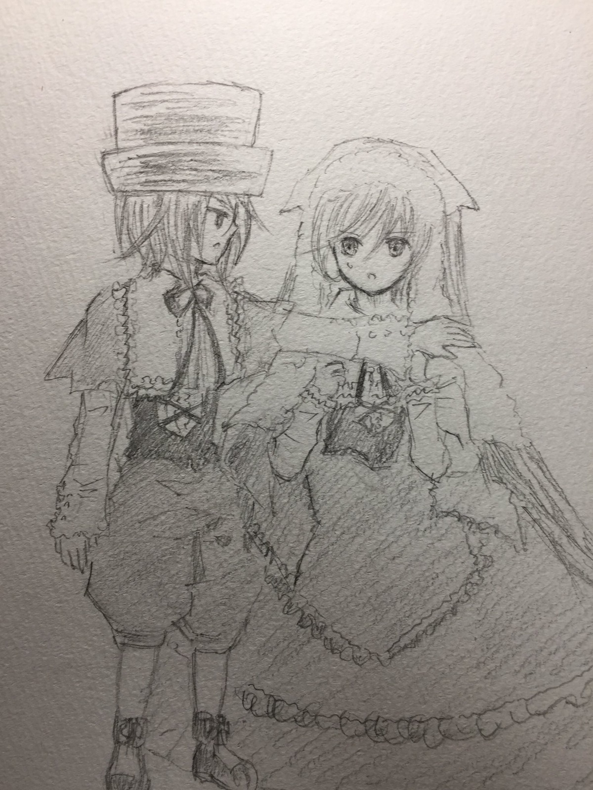 2girls capelet dress frills greyscale hat image long_hair long_sleeves monochrome multiple_girls nagae_iku pair short_hair souseiseki suiseiseki top_hat traditional_media