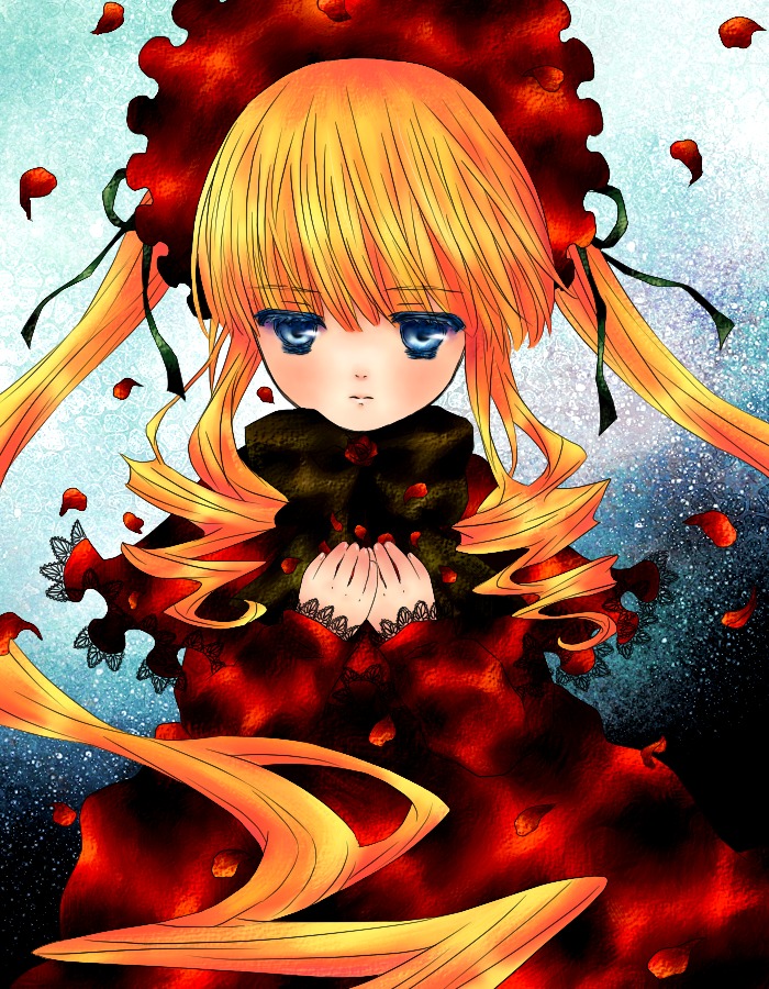 1girl blonde_hair blue_eyes bonnet dress drill_hair flower image long_hair long_sleeves looking_at_viewer petals red_dress rose_petals shinku solo twintails