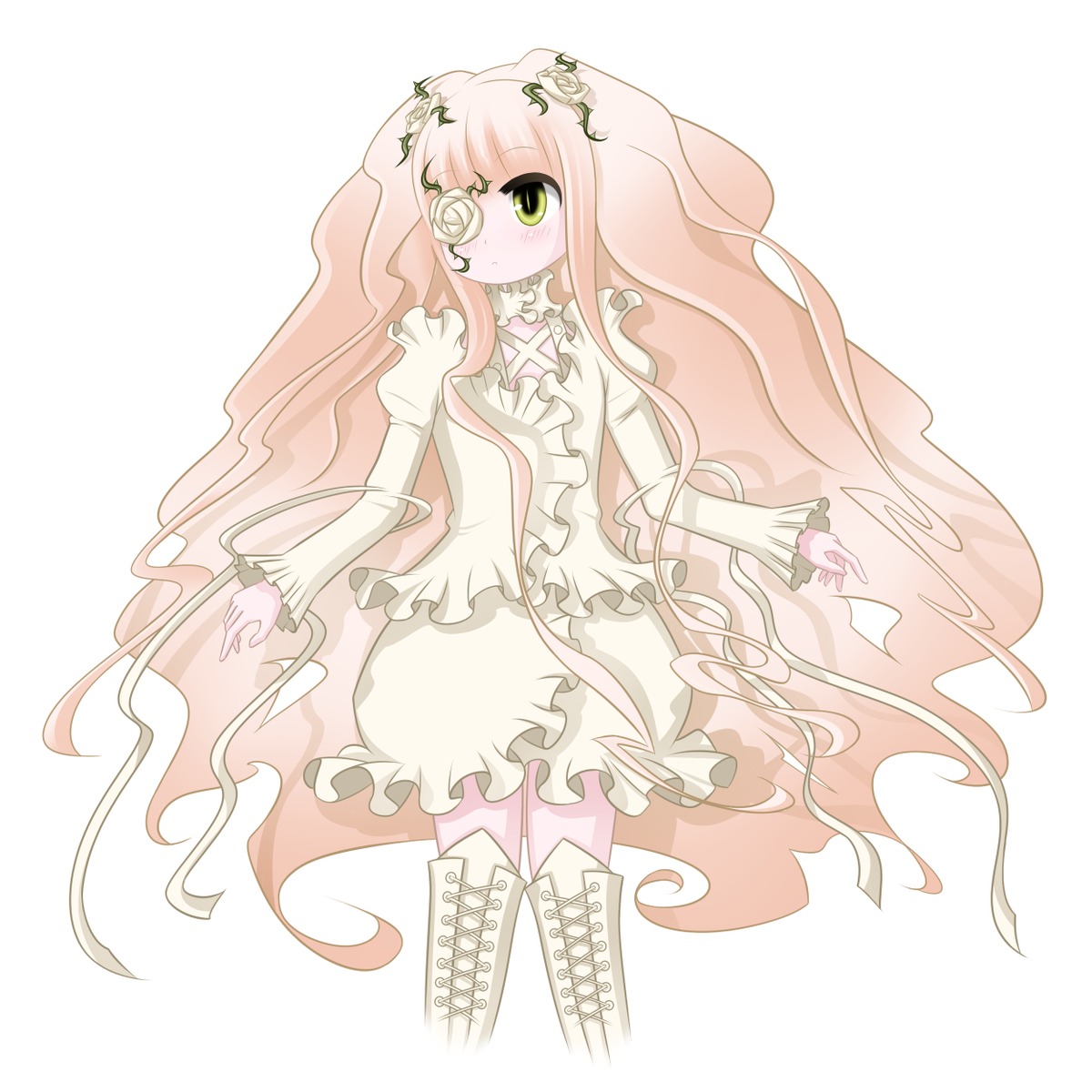1girl blush dress eyepatch flower frills image kirakishou long_hair long_sleeves pink_hair skirt solo striped thighhighs vertical_stripes very_long_hair vines wavy_hair zettai_ryouiki