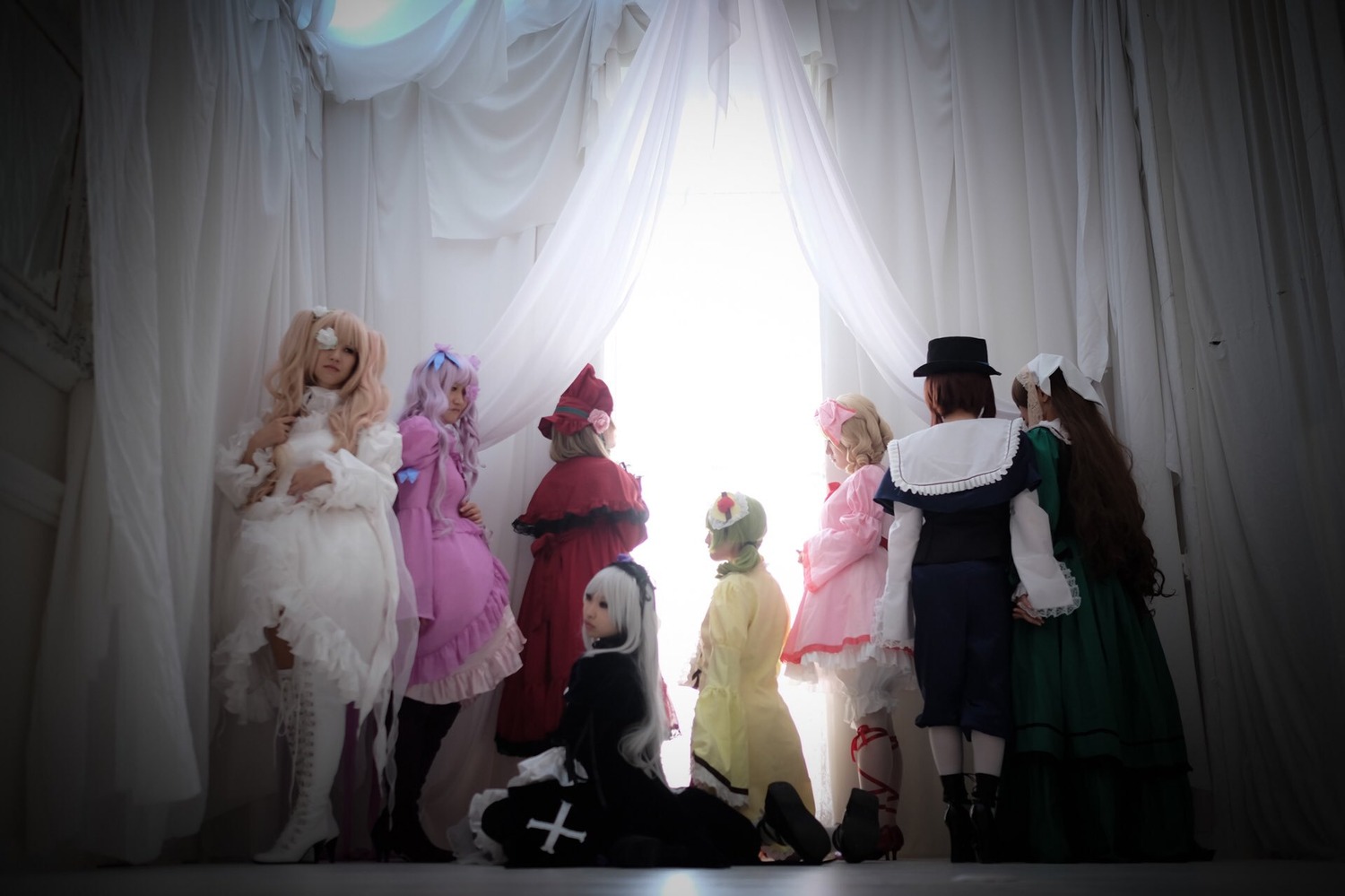 6+girls apron blonde_hair blue_eyes bow brown_hair curtains dress frills gloves hair_ornament hat long_hair long_sleeves mob_cap multiple_cosplay multiple_girls patchouli_knowledge pink_dress remilia_scarlet ribbon short_hair silver_hair standing tagme very_long_hair wide_sleeves