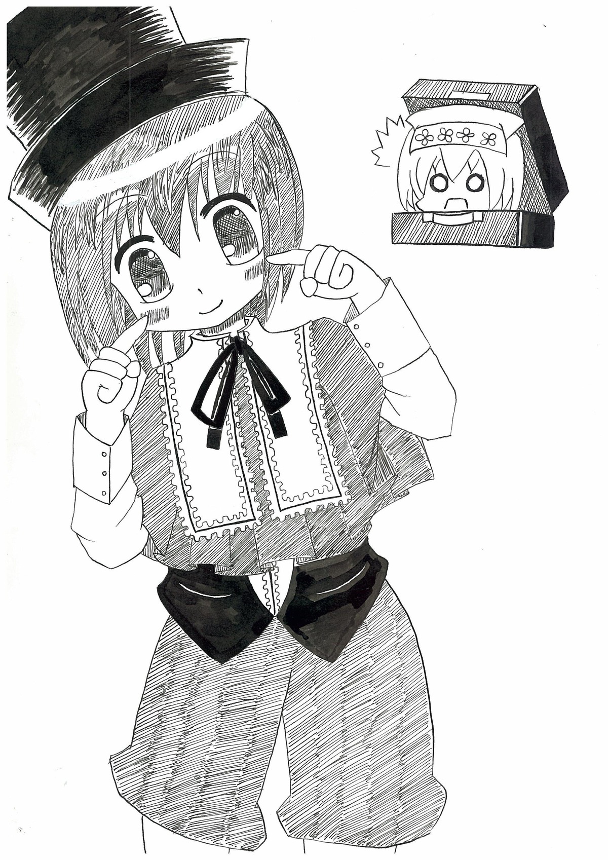 2girls auto_tagged eyebrows_visible_through_hair greyscale hat image long_sleeves looking_at_viewer monochrome multiple_girls ribbon short_hair smile solo souseiseki