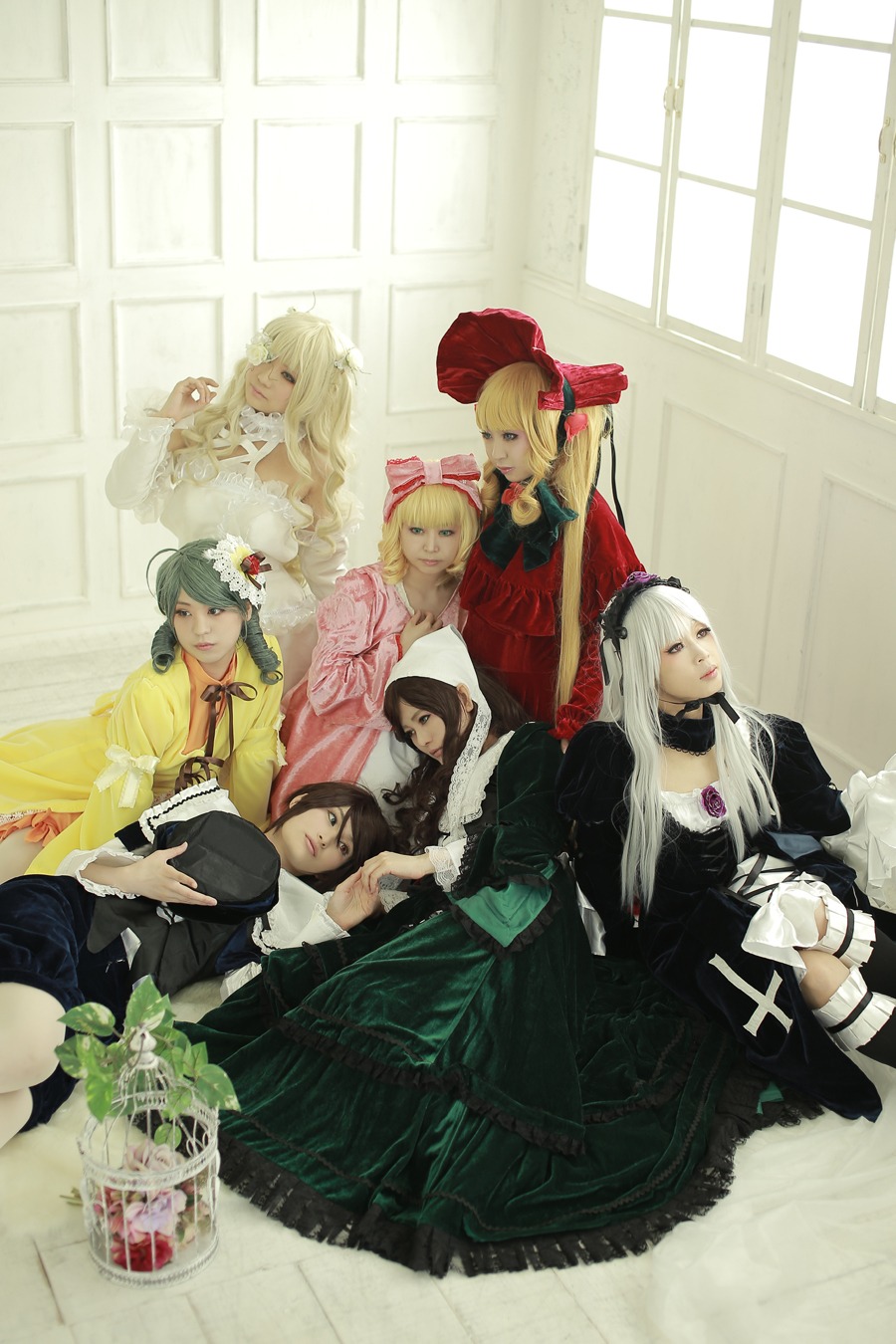 6+girls black_hair blonde_hair brown_hair dress drill_hair flower hair_ornament hat long_hair multiple_cosplay multiple_girls tagme window