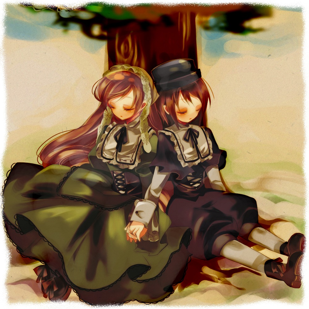 2girls bad_id bad_pixiv_id brown_hair closed_eyes dress frills hairband hat hoe_satsuki holding_hands image long_hair long_sleeves multiple_girls pair pantyhose rozen_maiden short_hair siblings sisters sitting sleeping sleeping_upright souseiseki suiseiseki thighhighs tree twins very_long_hair