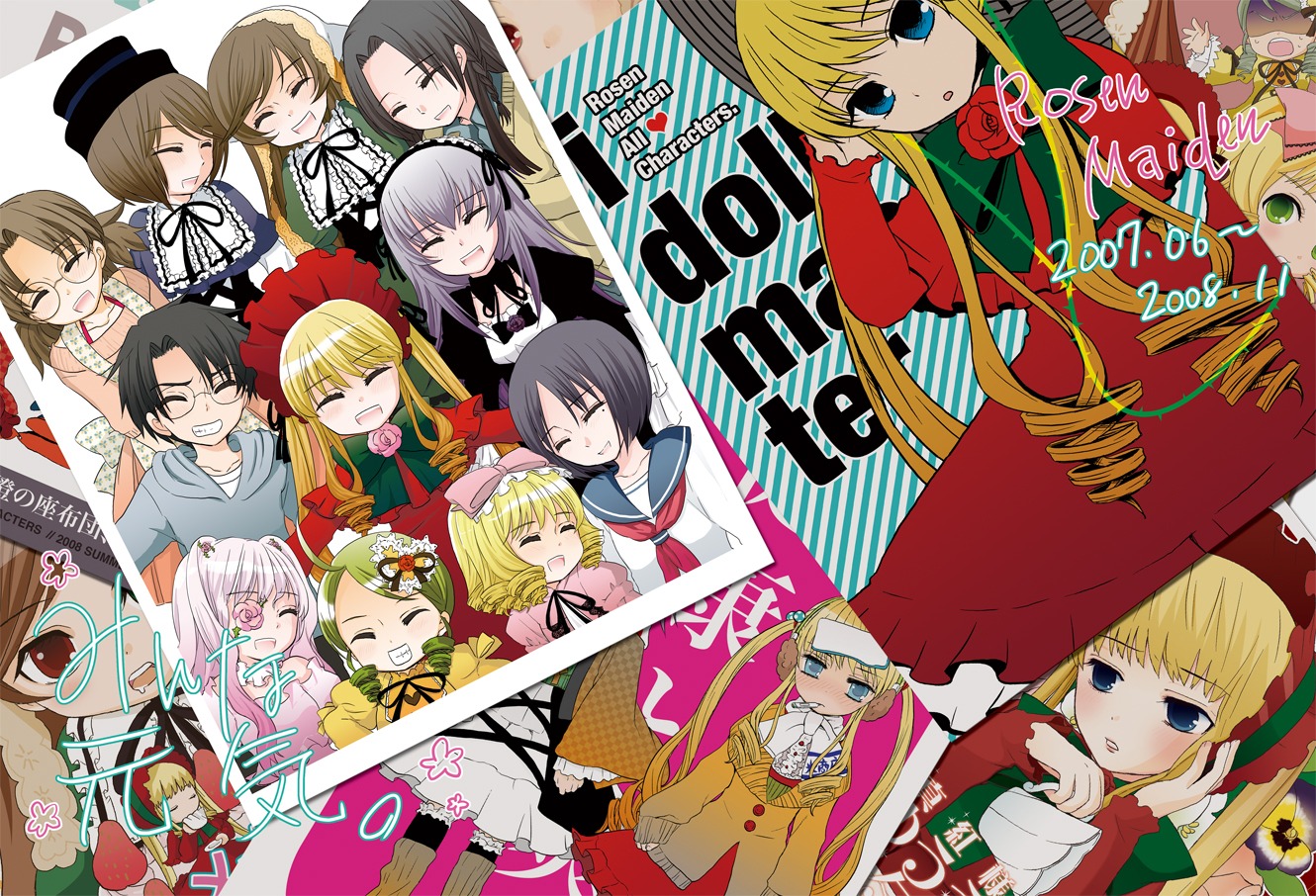 6+girls blonde_hair blue_eyes bow brown_hair closed_eyes dress drill_hair hat head_scarf hina_ichigo image long_hair long_sleeves multiple multiple_boys multiple_girls pink_bow shinku suigintou tagme