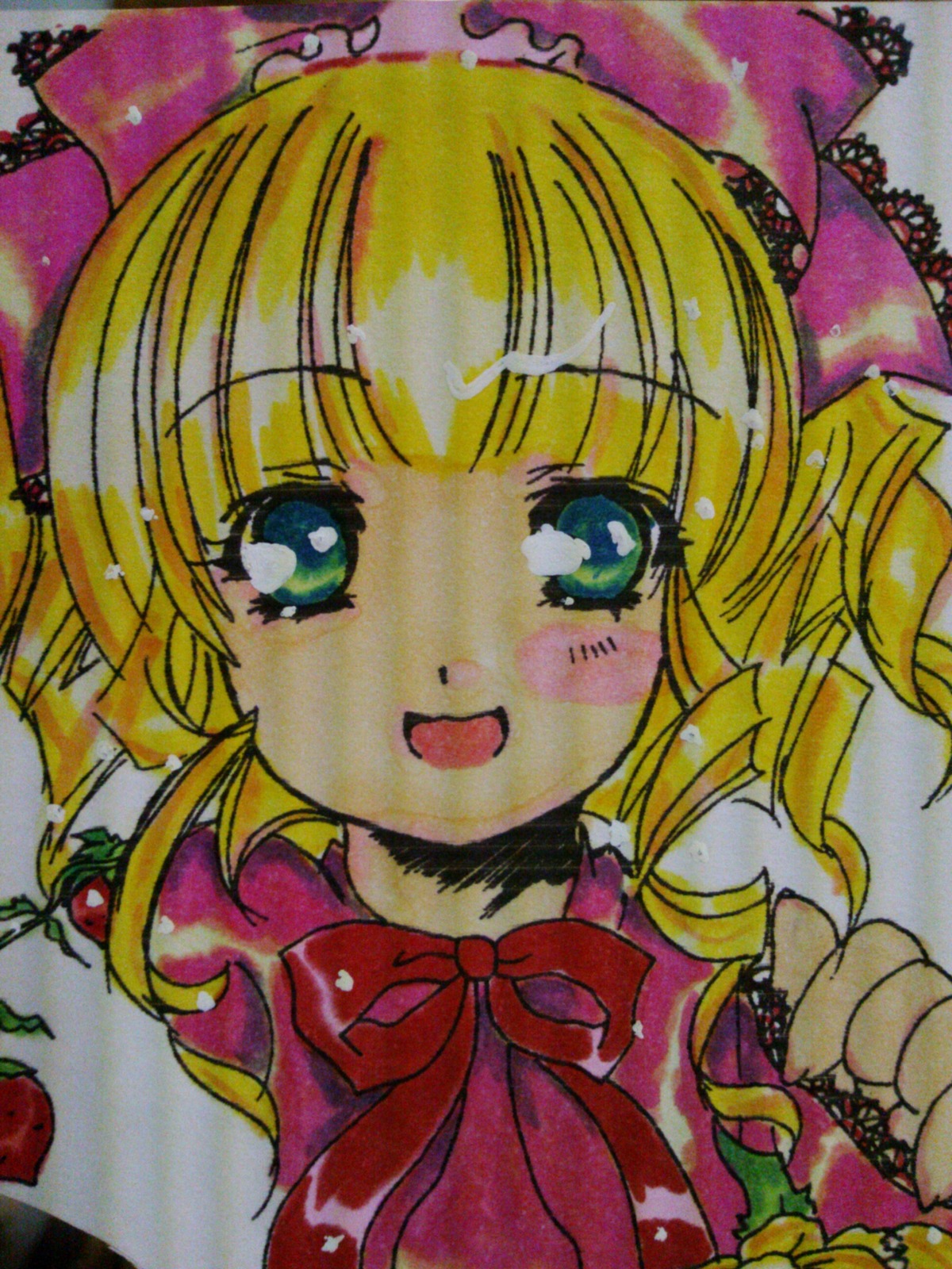 1girl :d blonde_hair bow eyebrows_visible_through_hair flower fruit hina_ichigo image looking_at_viewer open_mouth pink_bow ribbon shinku short_hair smile solo traditional_media upper_body