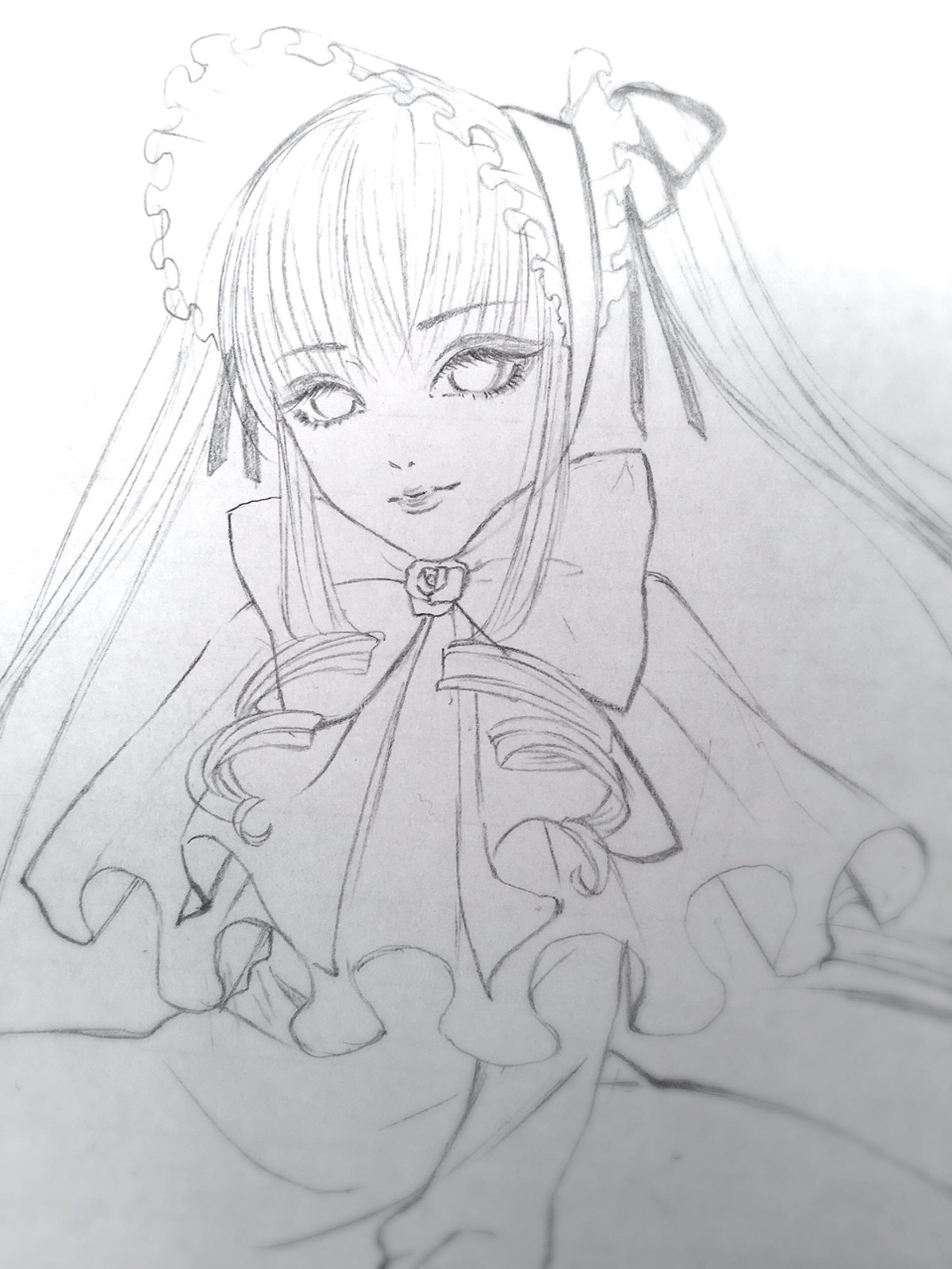 1girl dress drill_hair frills greyscale image long_hair long_sleeves looking_at_viewer monochrome shinku simple_background smile solo twintails very_long_hair white_background