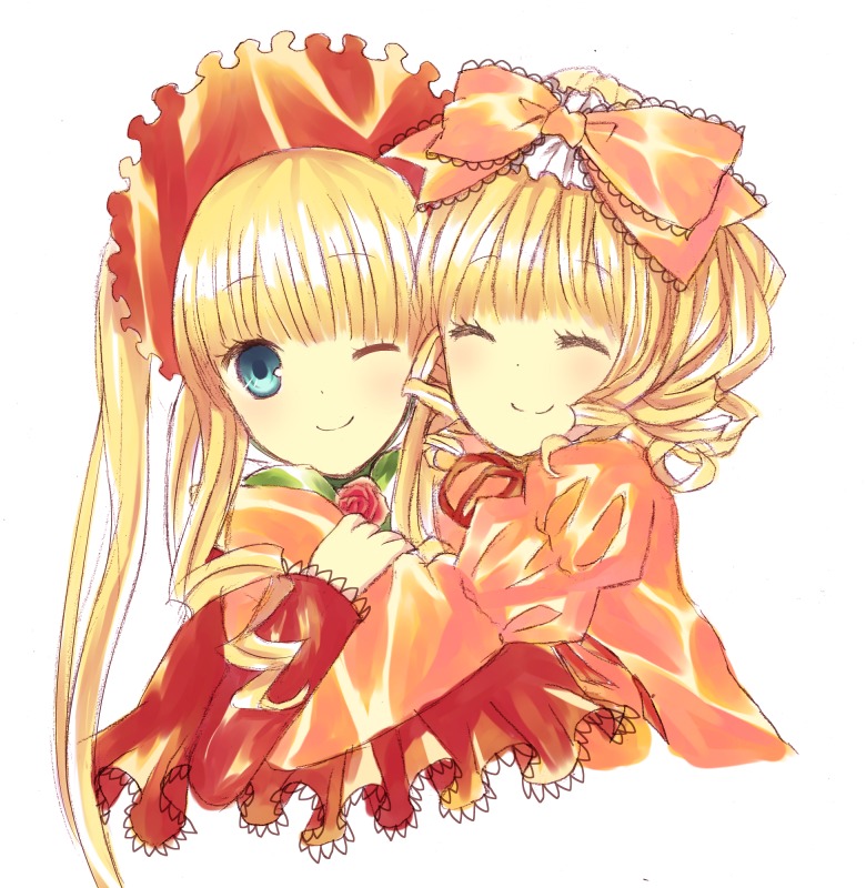 2girls ;) blonde_hair blue_eyes bow closed_eyes dress drill_hair flower hair_bow hinaichigo image long_hair long_sleeves looking_at_viewer multiple_girls one_eye_closed pair pink_bow rose shinku simple_background smile white_background