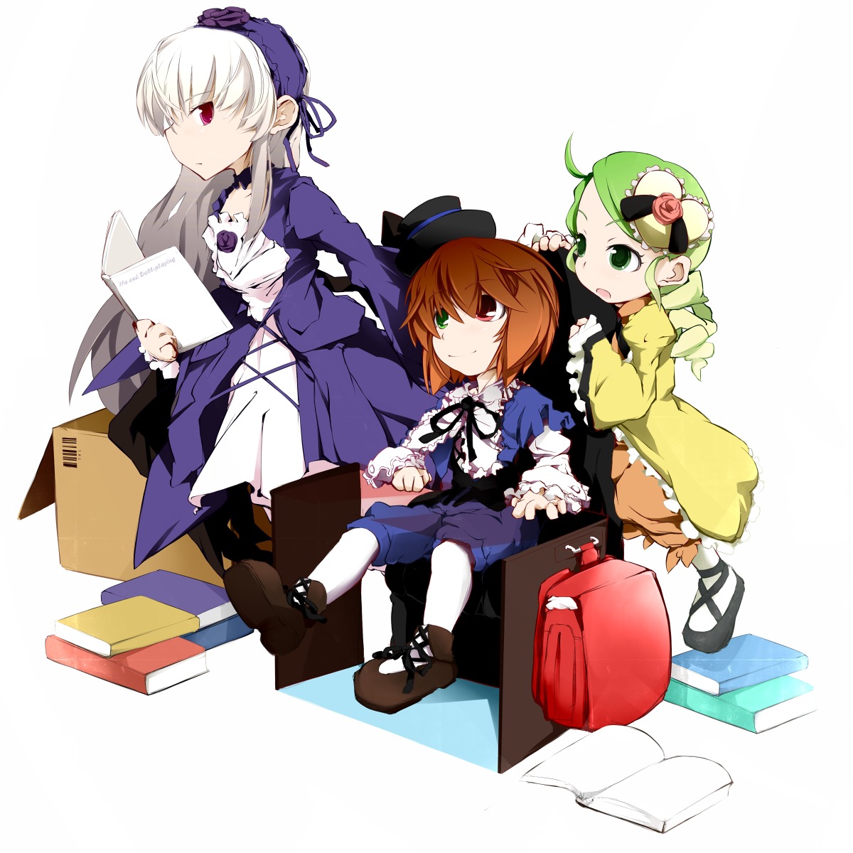 3girls book boots brown_hair dress green_eyes green_hair hairband hat heterochromia image kanaria long_hair long_sleeves multiple multiple_girls pantyhose red_eyes short_hair silver_hair souseiseki suigintou tagme white_hair